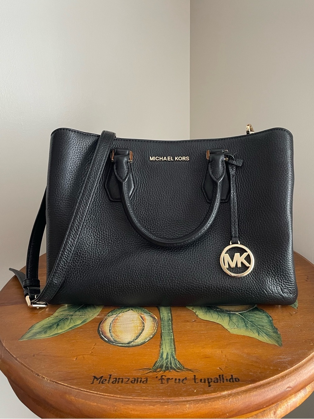 Michael Kors ‘Camille’ Black Pebbled Leather Large Satchel with Gold MK Charm